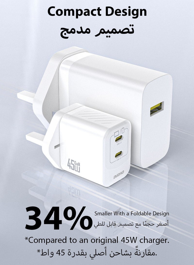 دوداو شاحن سامسونج 45 واط بتقنية GaN، شاحن سريع بمنفذي USB-C، شاحن جداري PD3.0 PPS صغير الحجم، شاحن تايب سي متوافق مع سامسونج Galaxy و iPhone 15 و Huawei، شاحن USB C سريع مع تحكم ذكي في درجة الحرارة - Image 2